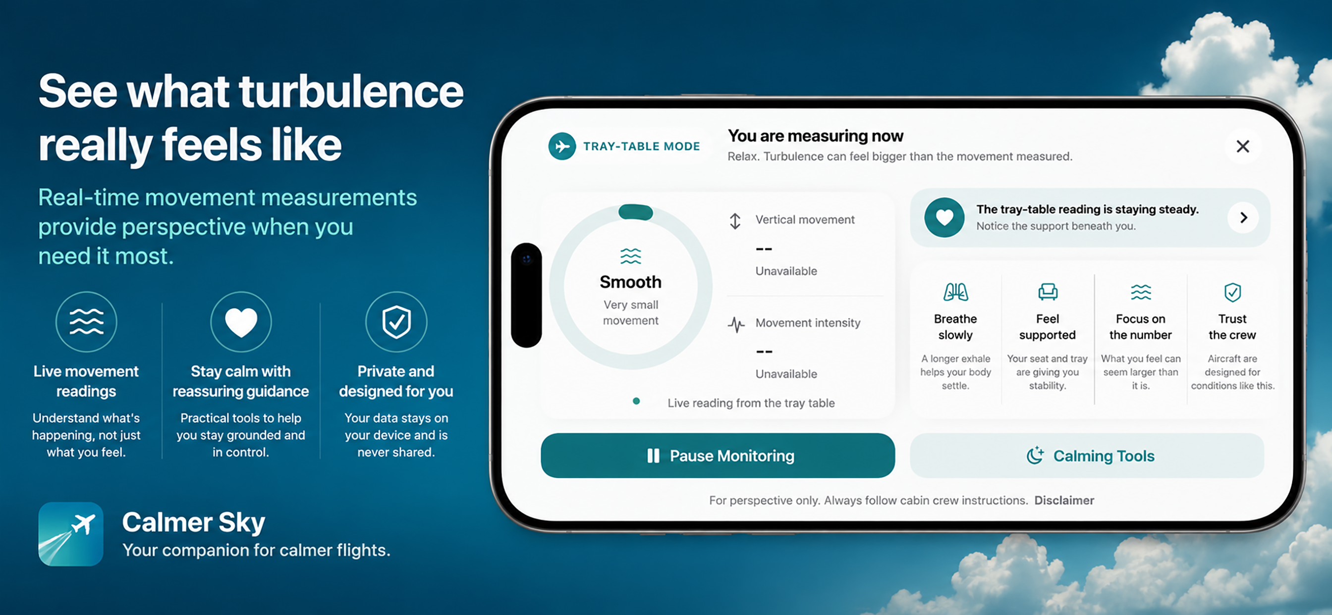 Calmer Sky turbulence reassurance app preview on iPhone